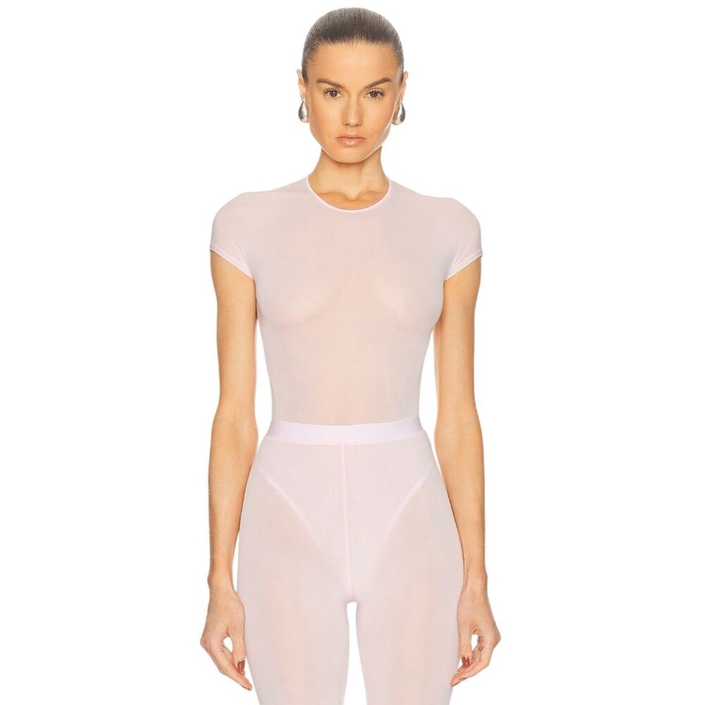 WARDROBE.NYC Sheer Cap Sleeve Bodysuit in Blush Pink X-Small New Womens AS-IS